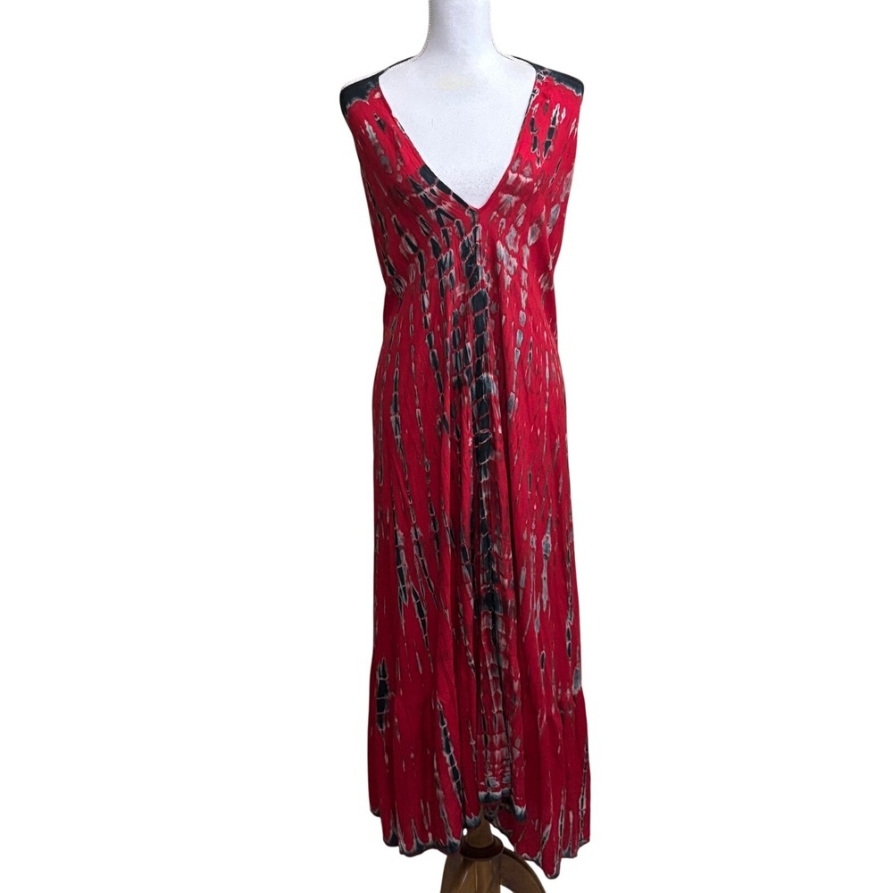 Toko Red Tie Dye Maxi Dress Sleeveless V-Neck Open Back Boho Rayon Gown